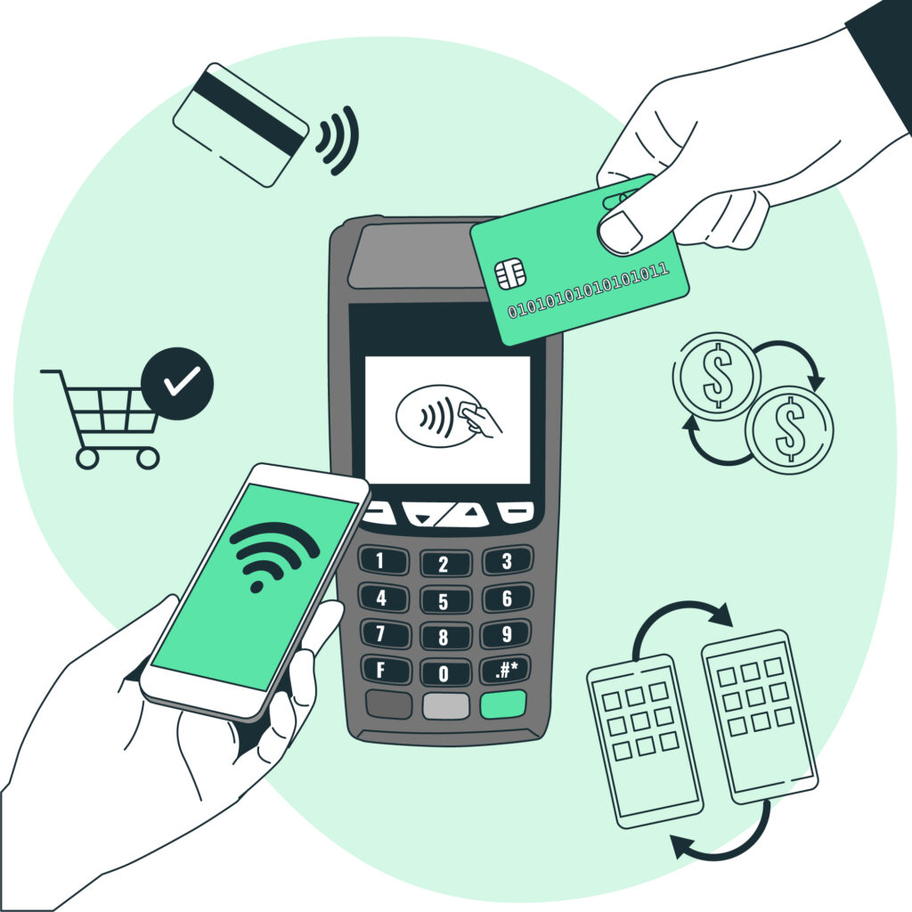 Graphic image of two hands paying with contactless payment on a credit card machine, one using a phone to pay and the other using a credit/debit card to pay