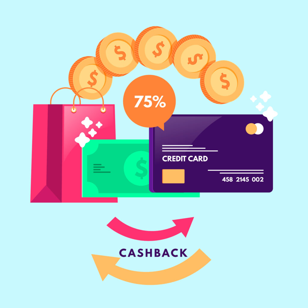 illustrator image of credit card, money, bags and cash back rewards 