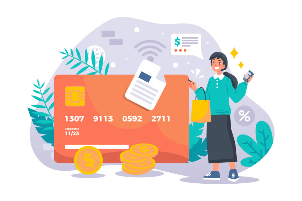 Illustrator of woman shopping with large credit card.