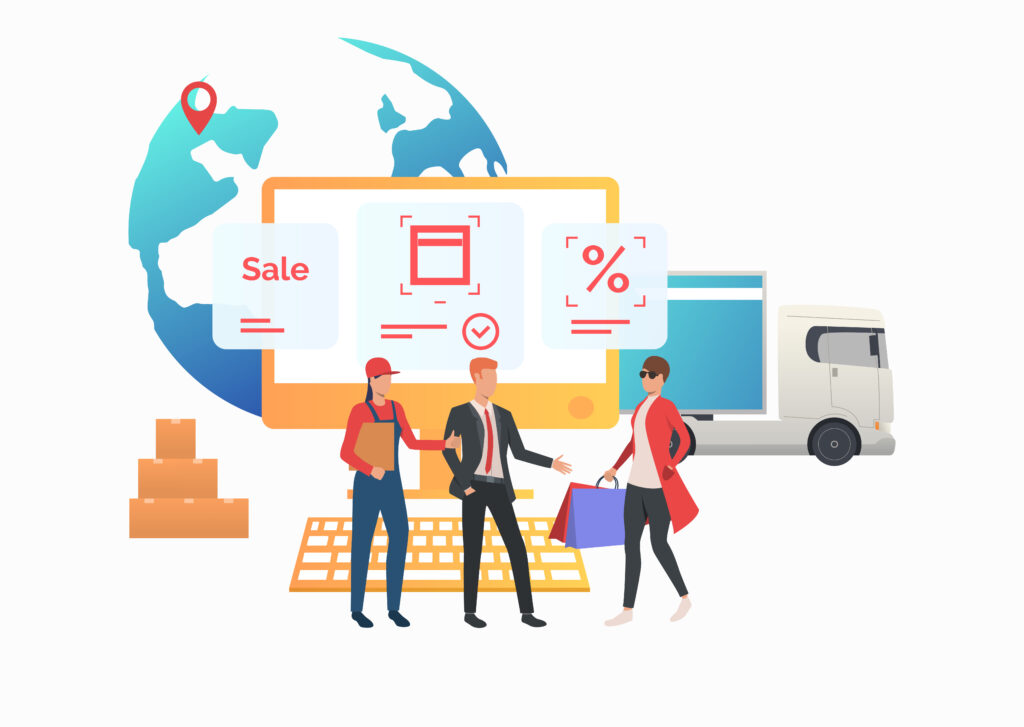 Vector image of Courier and sales agent meeting consumer in internet store. Buying purchasing, ordering delivery. 