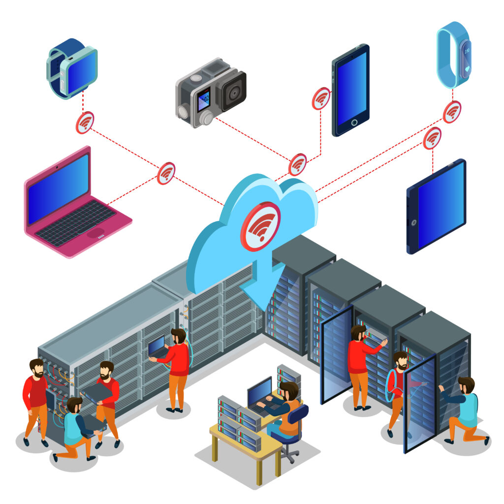 Vector Illustration of workers in server room  