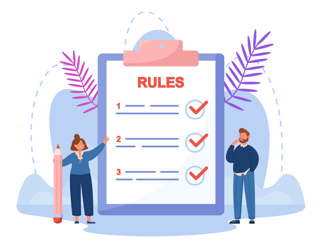 Vector illustration of business people reading list of rules on a clipboard.